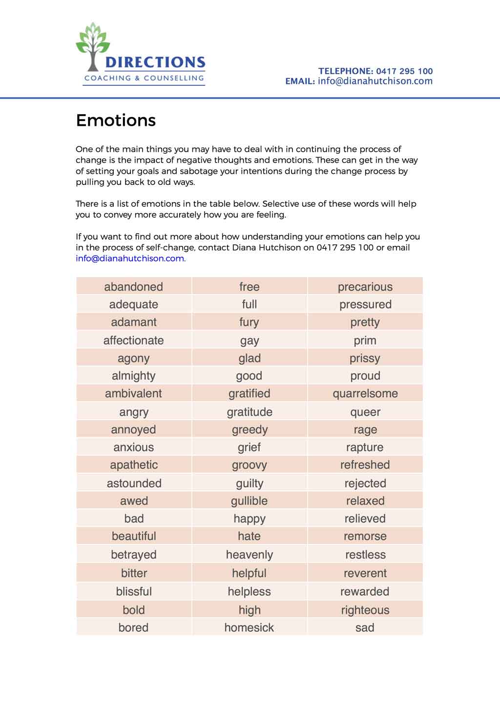 Download a Free Emotions Checklist by Diana Hutchison